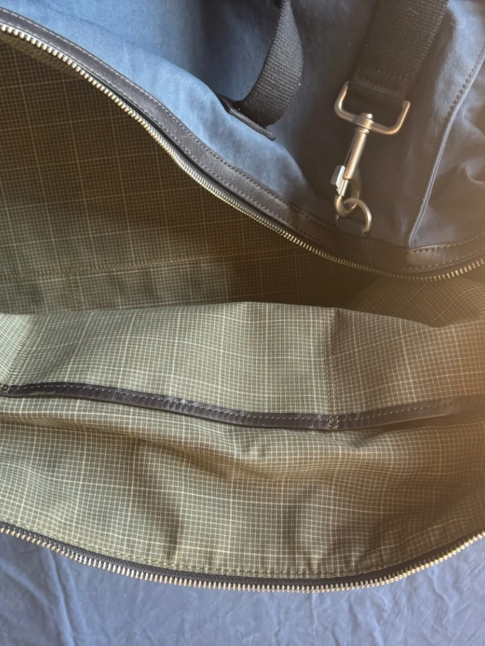 J Crew Warren Street Weekender Duffle Bag. Navy Canvas with Brown leather base